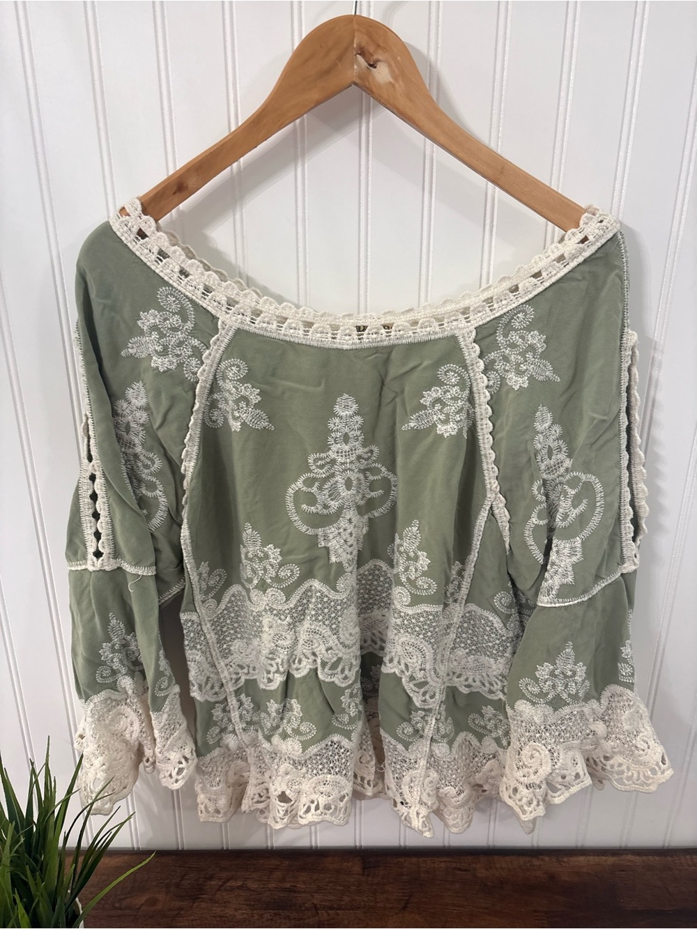 Democracy Sage Green Boho Embroidered Tunic with Cream Crochet Trim